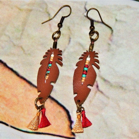 New BoHo Leather Feather Beaded Tasseled Earrings - Picture 1 of 8
